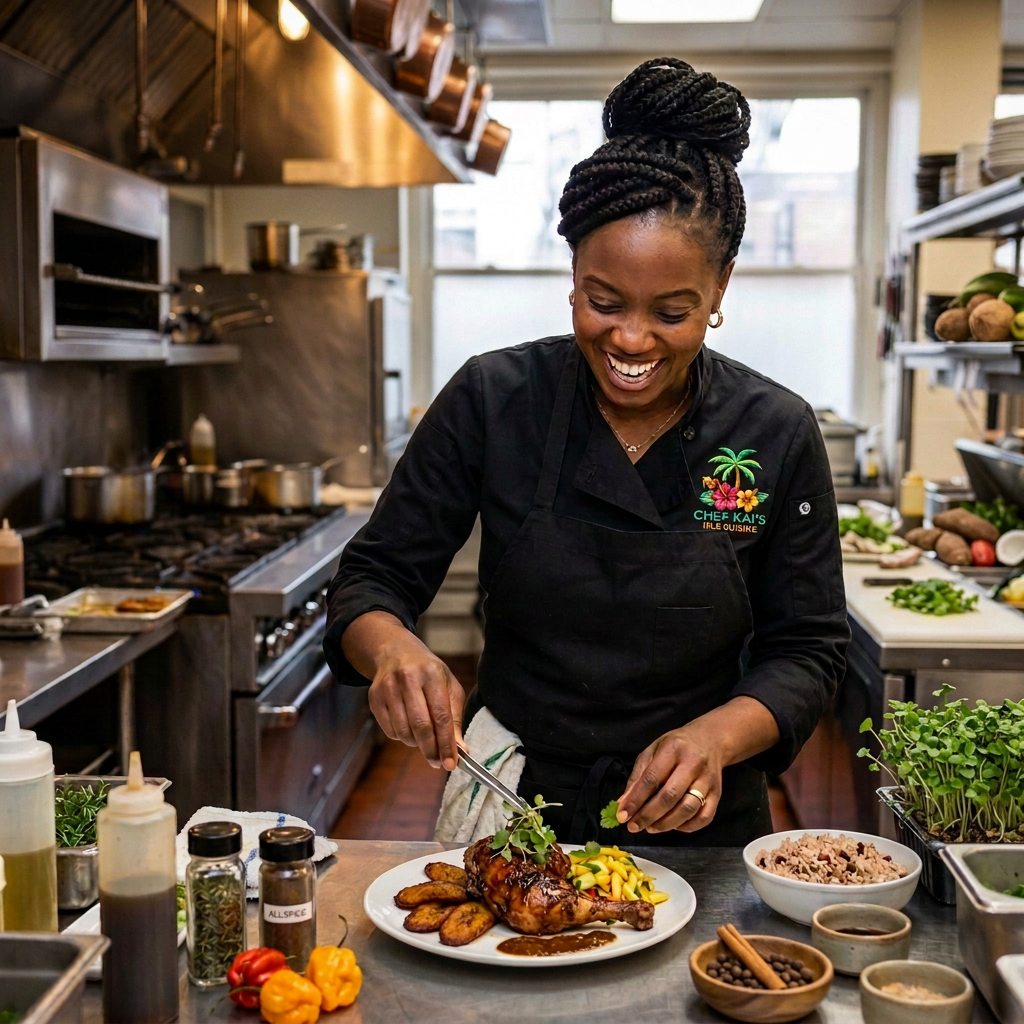 Chef plating a garnished entrée in a busy professional kitchen